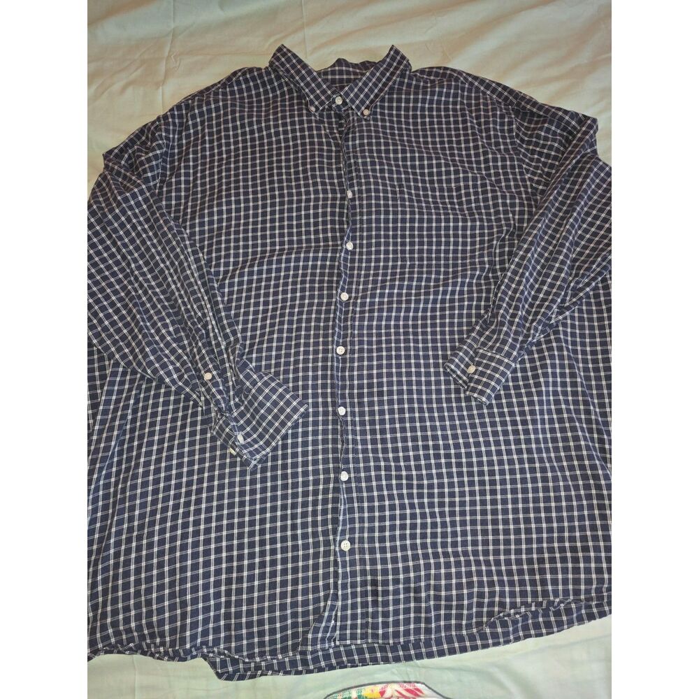 Oak Hill 4XLT Plaid Button Down Shirt Navy Blue White Grid Big Tall 4XL TALL